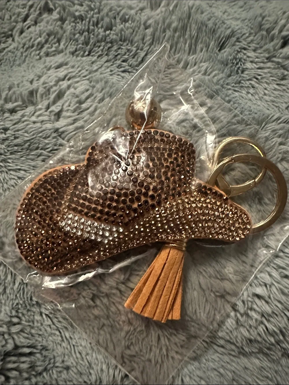 Rhinestone Cowboy Hat Keychain with Tassel - Brown